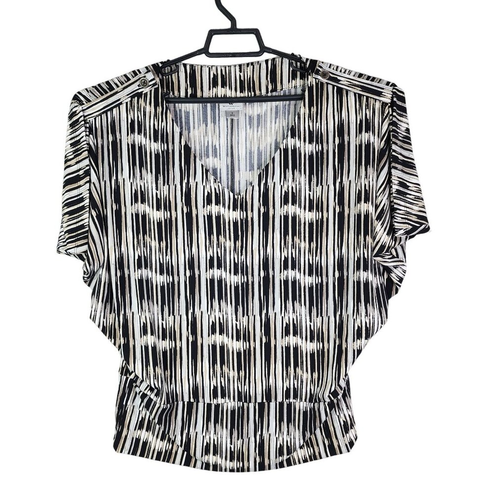 Women's Worthington Stretch Blouse Black/White Striped Pattern Short Sleeve S